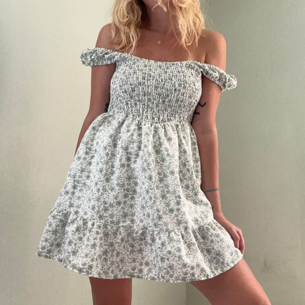 Indulge Off The Shoulder Milkmaid Mini Dress Green White Floral Size XL Cottage